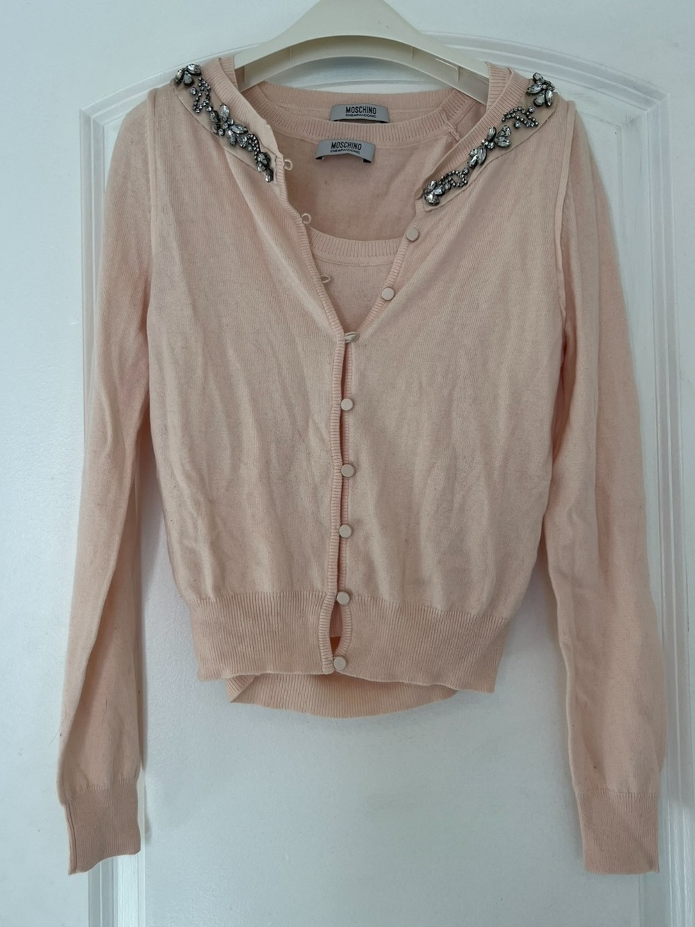 Moschino CheapandChic Embellished Collar Peach Knit Cardigan & Tank Set